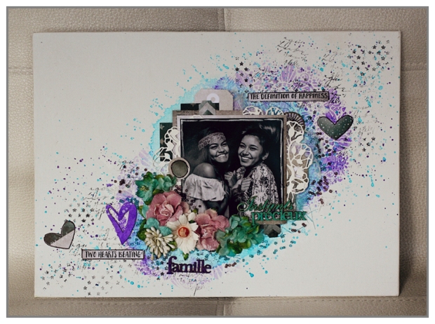 Mixed Media canvas with 7DOts Studio papers, flowers from Petaloo and Twinkling H2Os from ColourArte